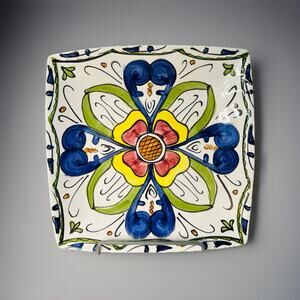 International Silver Serving Plate Platter Hand Painted Vintage blue White Art